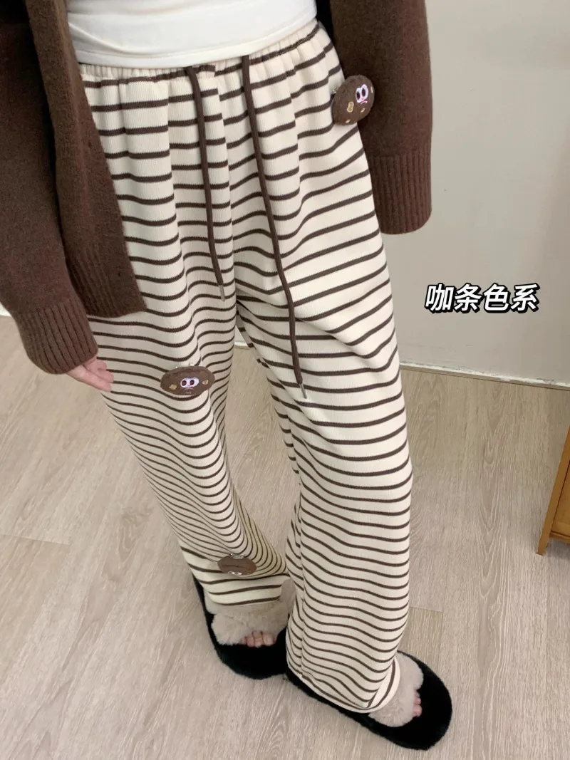 

Fleece Thick Casual Striped Pantalones Straight Drawstring Wide Leg Pants High Waist Women Japanese Preppy Style Loose Y2k