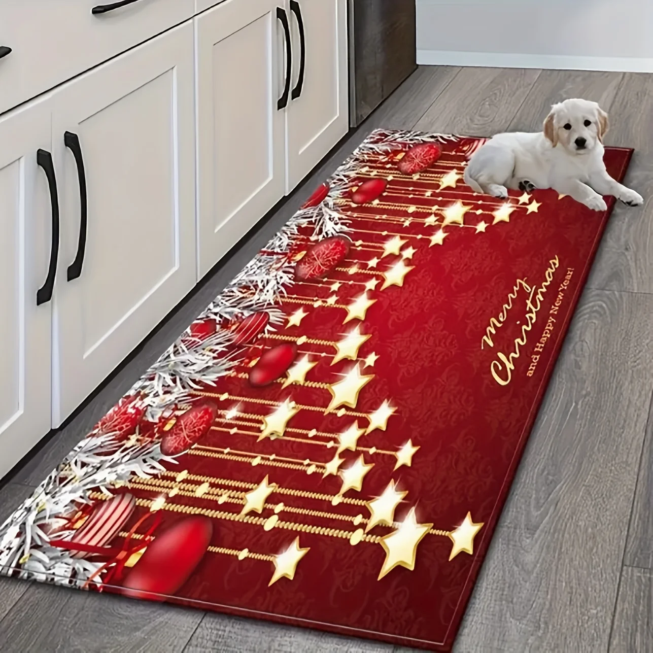 VIKAMA Weihnachtsküchenteppich, Goldstern, Kugel, „Frohe Weihnachten“, Wörter, Küche, Eingang, Wohnzimmer, Weihnachtsdekoration