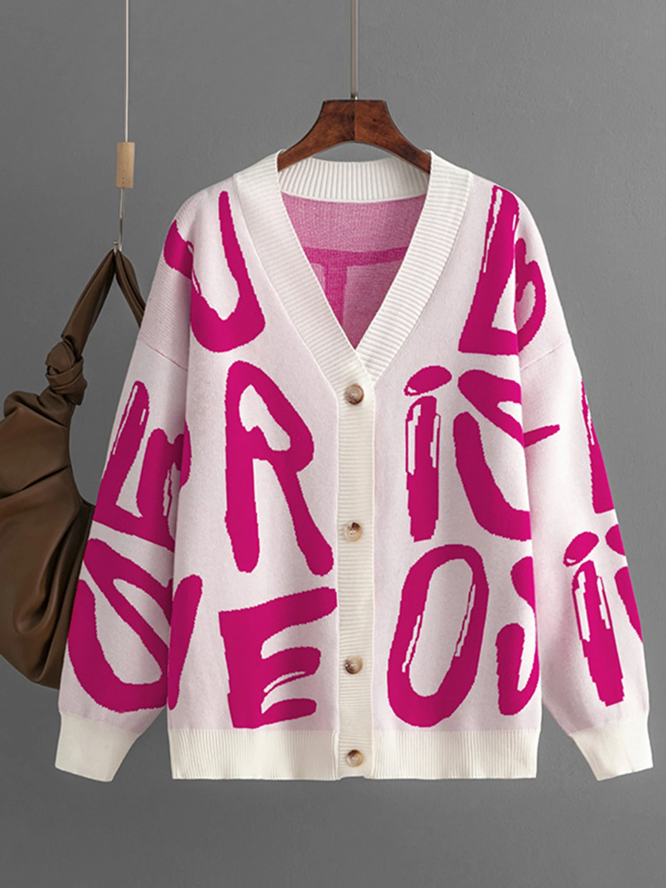 Damski sweter rozpinany z żakardowym wzorem liter, długi rękaw, zapinany na jeden guzik, odzież wierzchnia jesienno-zimowa, styl europejsko-amerykański.