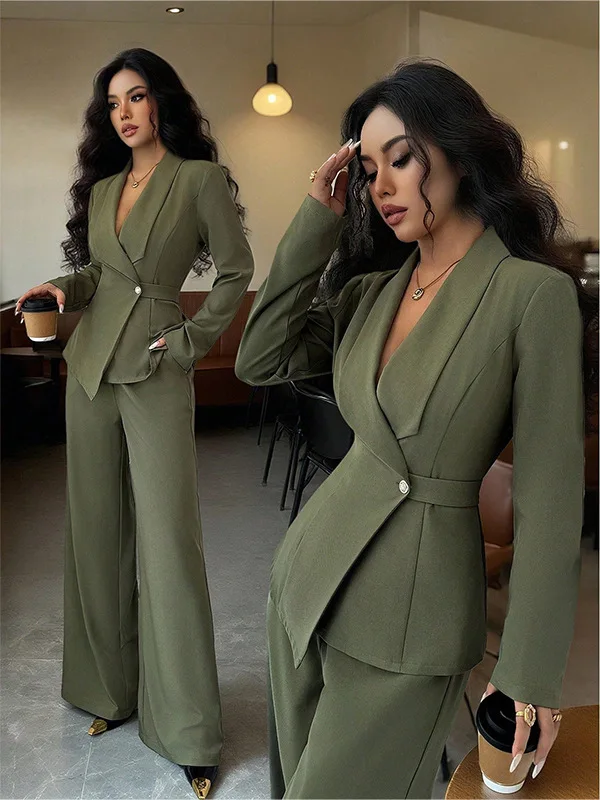 2026 autumn cross-border American women's suit temperament fashion long-sleeved blazer straight pants up and down two-piece set