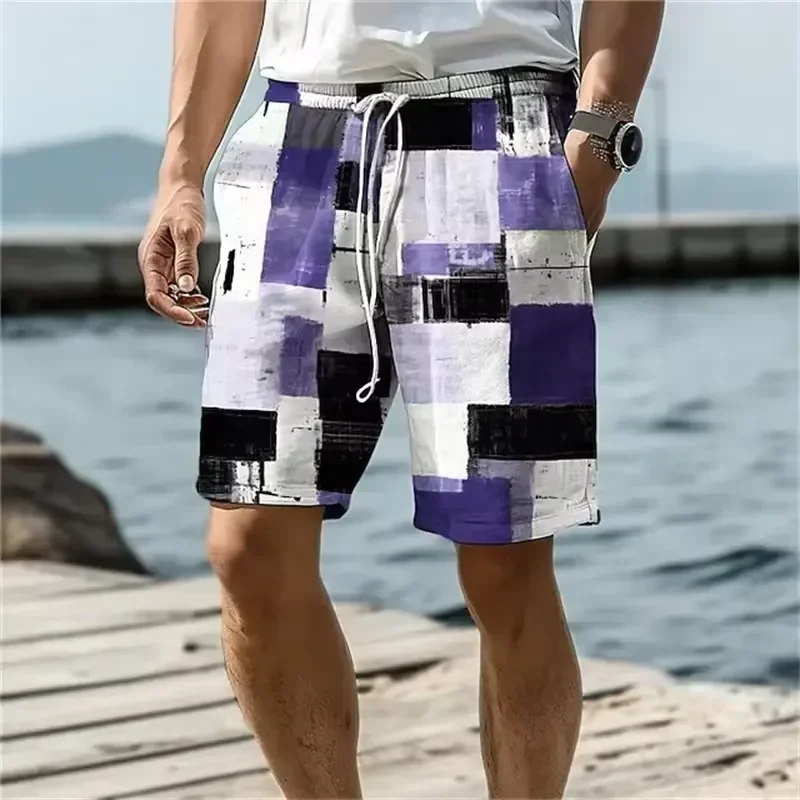 Shorts Comfortable Breathable Casual Men 3D Print Geometric Beach Shorts Colorful Plaid Swim Trunks Quick Drying Sportswear