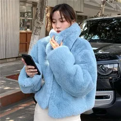 Women Blue Fashion Faux Fur Short Coats 2023 Winter New Korean Simple Solid Loose Streetwears Elegant Mink Fur Casual Jacket