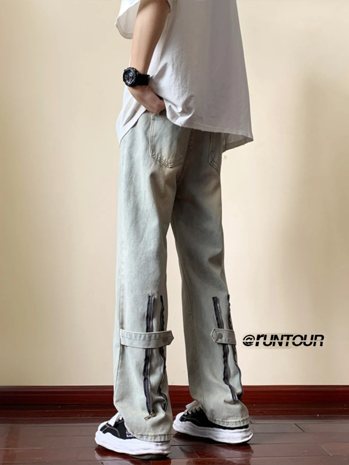 

American Sle Faded Wide Leg Men's Jeans Loose Straight Cut Trousers Vintage Design Spring Autumn Trendy Wear Resistant