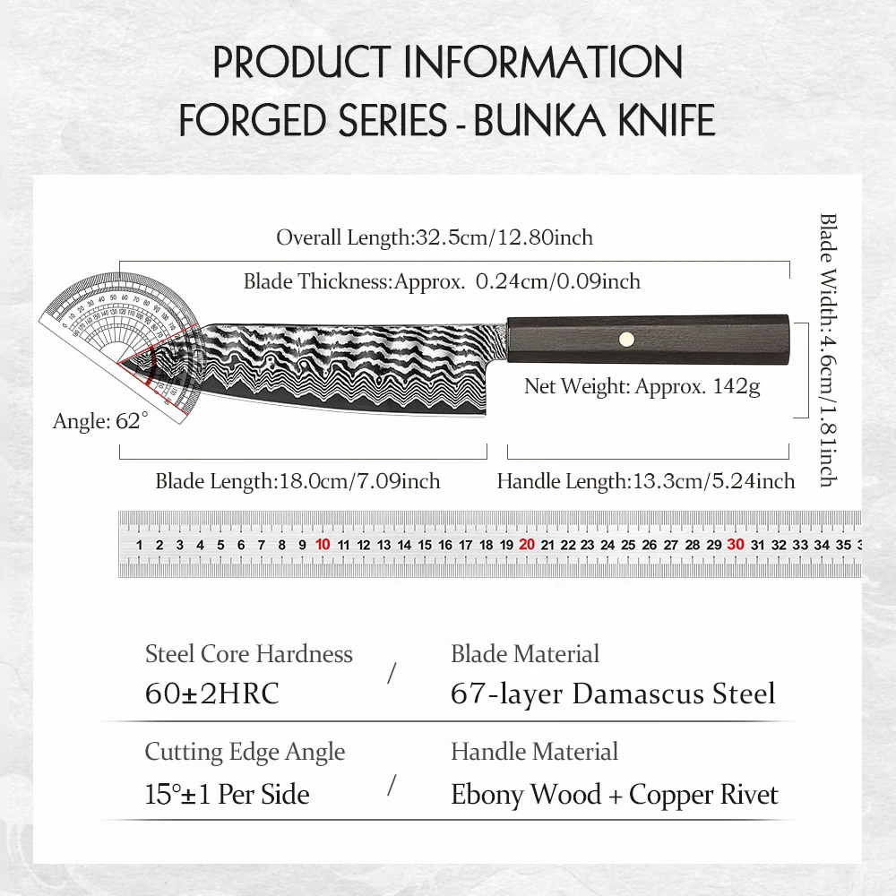 HEZHEN 7 Inch Kitchen Gyuto Knife 67‑Layer10Cr15CoMoV Damascus Steel Hand‑Hammered Blade Ebony Octagonal Handle Bunka Knife