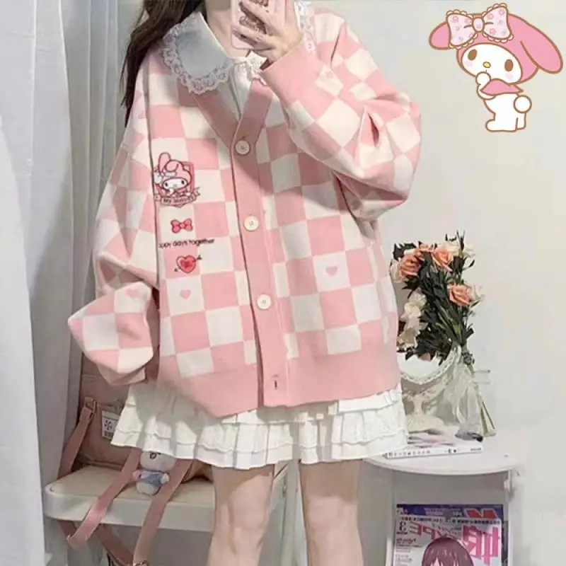 Anime Sanrioed Pompompurin Girl Cardigan Sweater Kuromi Kawaii Cinnamoroll Spring Autumn Knit Coat Preppy Loose Sweet Embroidery