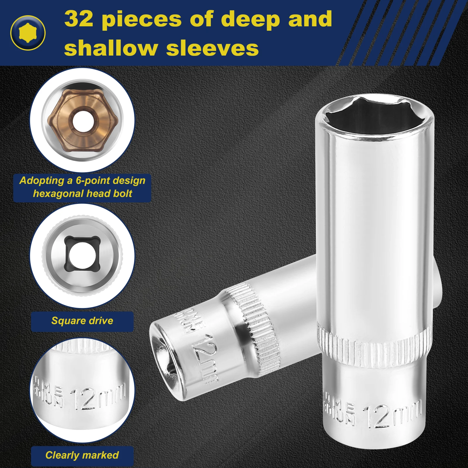 32 قطعة 1/4 "محرك مجموعة مقابس 6-13 مللي متر 6 نقطة تصميم مجموعة مقابس عميقة وضحلة غير قابل للصدأ محرك متري المقبس مع أصحاب التخزين #3