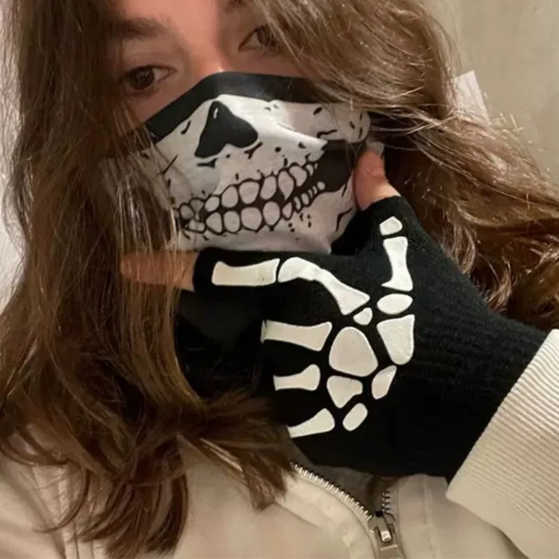 Guantes luminosos de calavera para hombre y mujer, manoplas Punk negras cálidas de medio dedo para ciclismo, suaves y cómodas, accesorios de moda