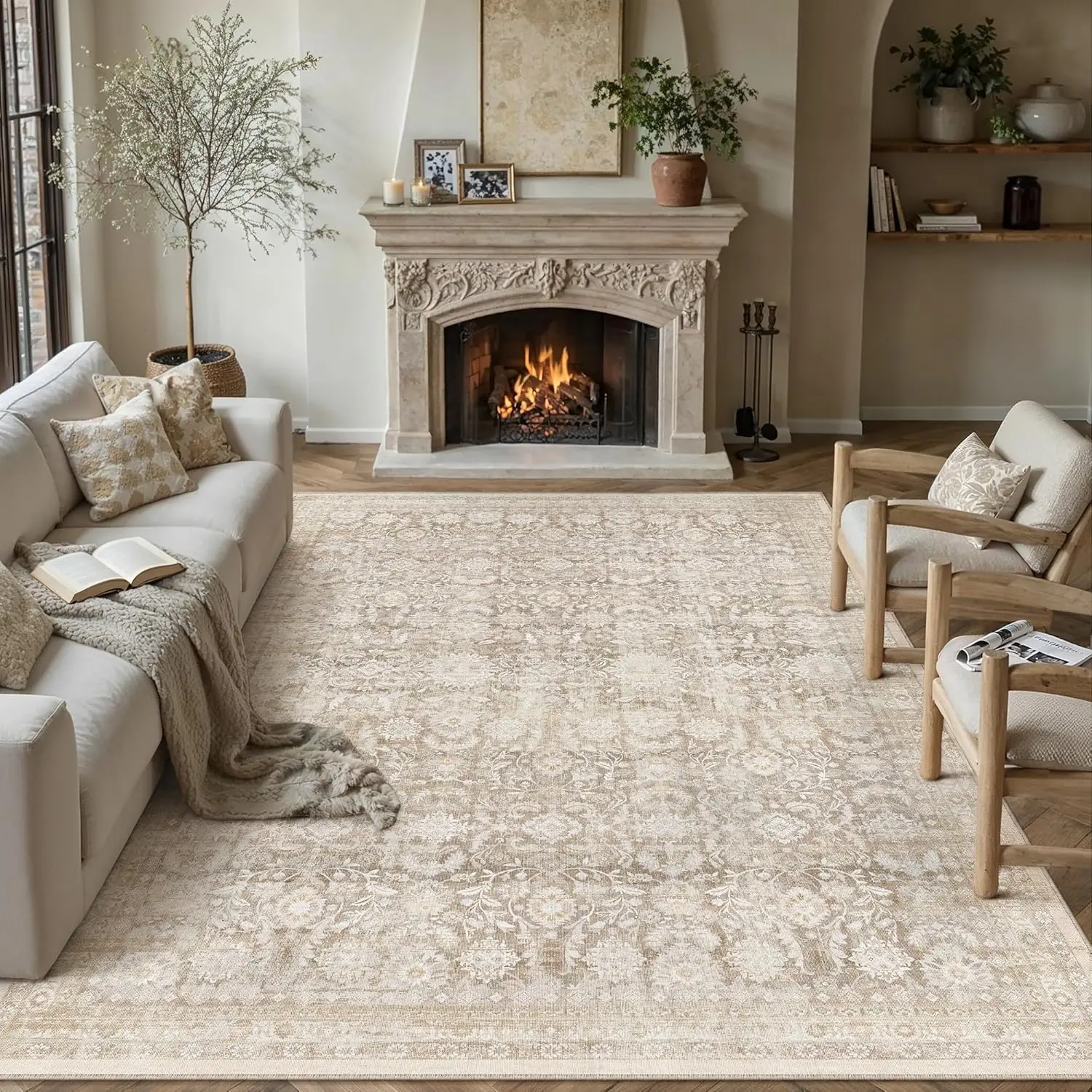 8x10 Beige Washable Neutral Area Rug Living Room Floral Non Slip Low Pile Large Rug Vintage Traditional Stain Resistant Distress
