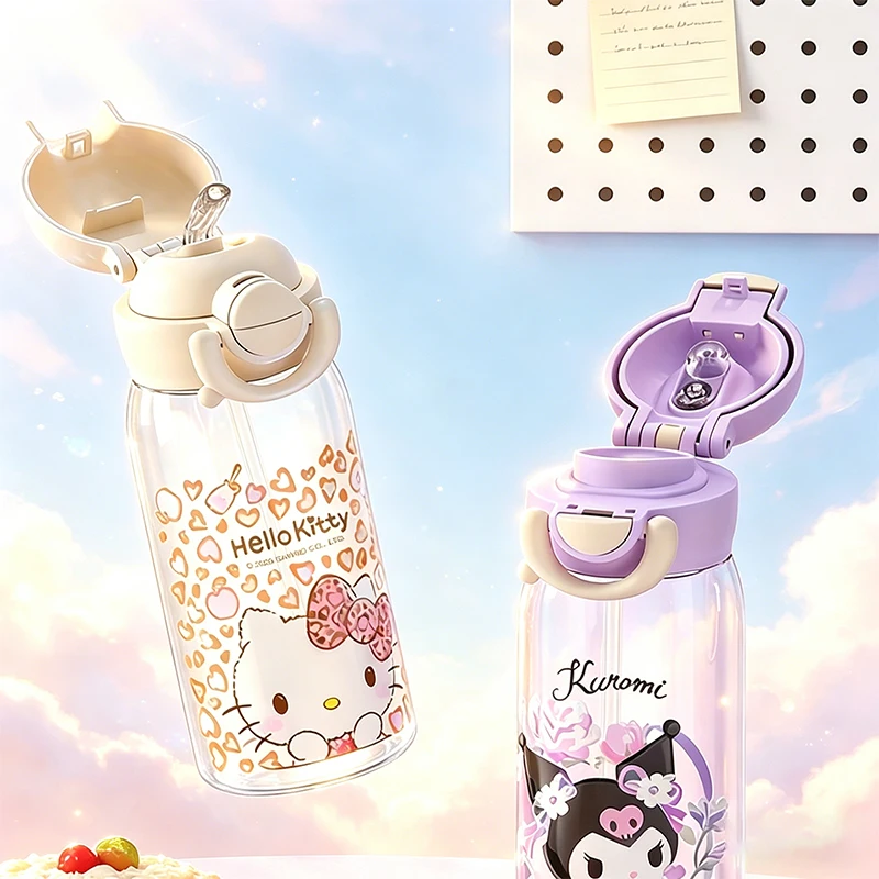 X&W Sanrio Hello Kitty Summer Water Bottle 460ml Cute Portable Straw Tumbler for Girls Kawaii Sports Drinking Cup for Students