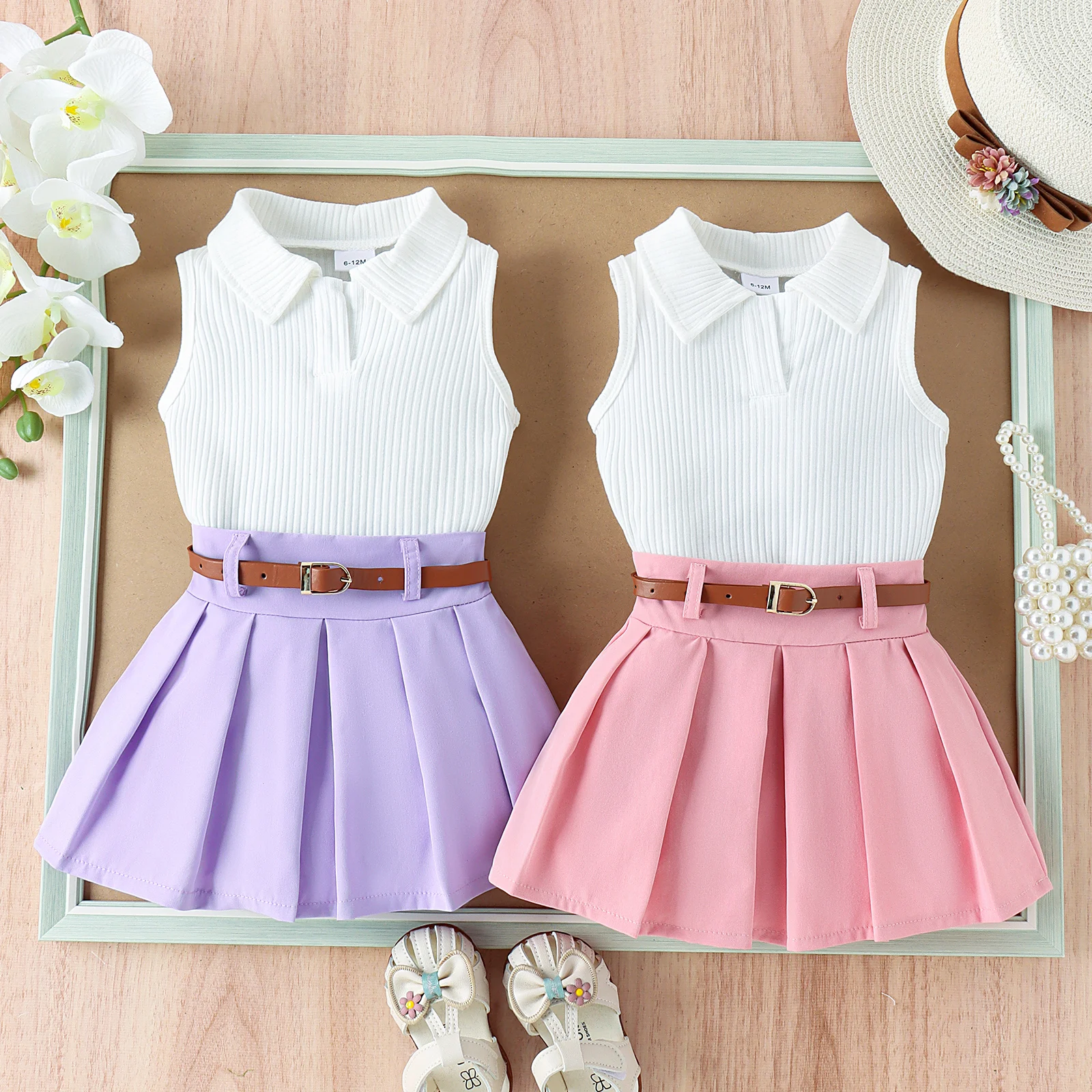 2PCS Summer Baby Girls Comfortable Simple Beautiful Multi-Color Pit Strip Lapel Vest Top + Pleated Skirt Fashion Suit