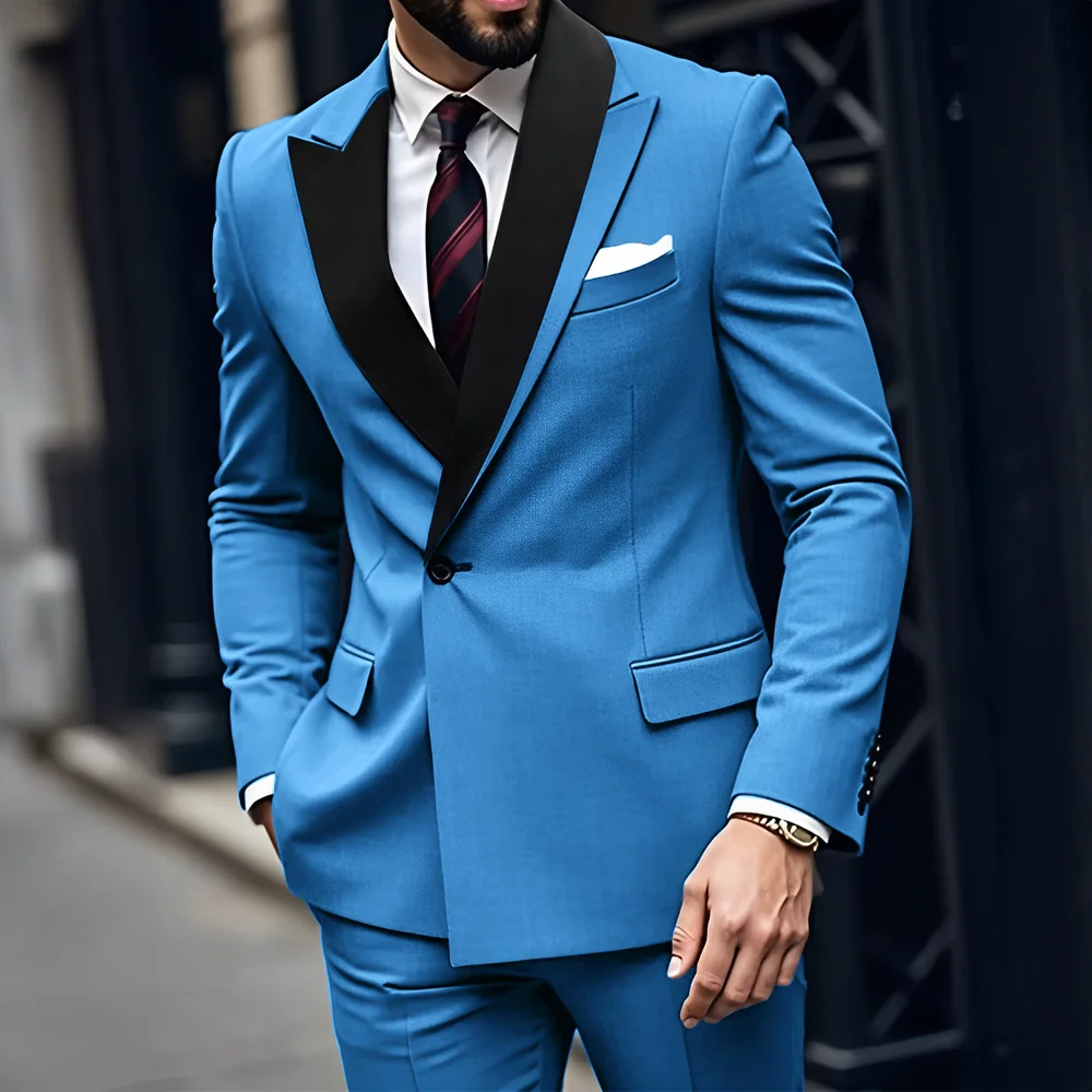 Elegant Grey Slim Fit Men Suits One Button Flat Front 2 Pieces Jacket Pants Sets High Quality Wedding Male Clothing Blazer