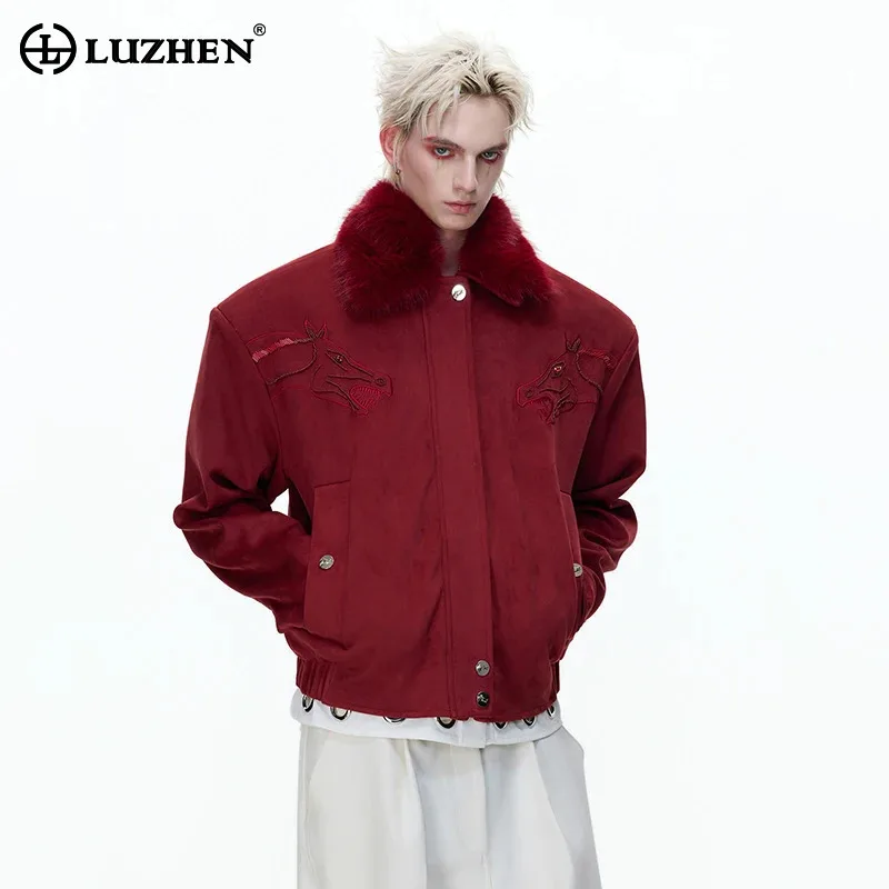 LUZHEN Patchwork 2026 New Stylish Faux Fur Brushed Neck Pattern Casual Jacket Men's Fashion Handsome Male Luxury Clothes JY8534
