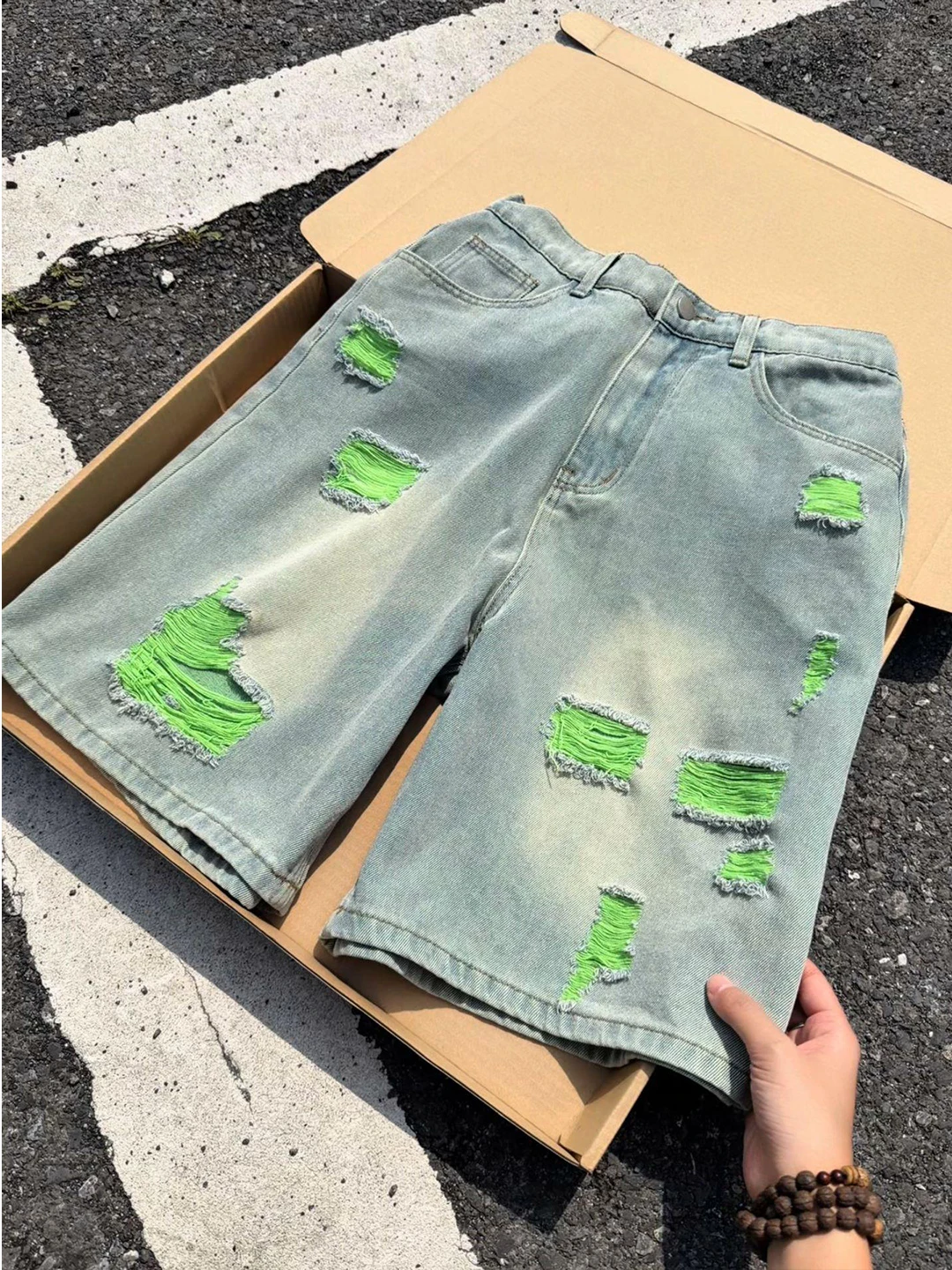 American Style Ripped Denim Shorts Men's Summer Washed Vintage Color Block Loose Straight Casual mid Waist Shorts