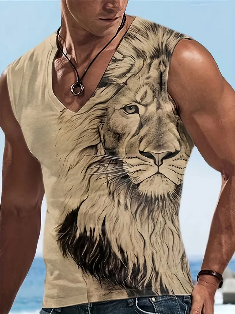 Lion Print Men's V-neck Tank Top 2024 Summer Everyday Street Men's Fashion Tank Top Outdoor Beach Casual Men's Sleeveless T-shir