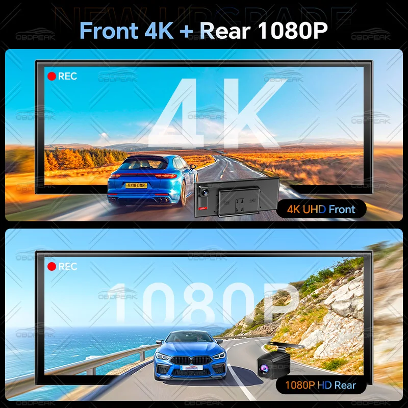 OBDPEAK 12.3" K9 MAX Cámara DVR para Auto 4K Dash Cam Inalámbrica Carplay Android Auto Navegación GPS Grabación de Video Retrovisor 5G WiFi Mirror Link