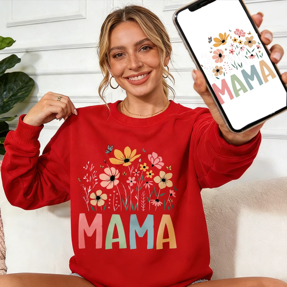 

Boho Wildflower Mama Sweatshirt Colorful Pastel Floral Crewneck Cozy Pullover Charming Mom Gift Snug Long Sleeve Thermal Hoodie