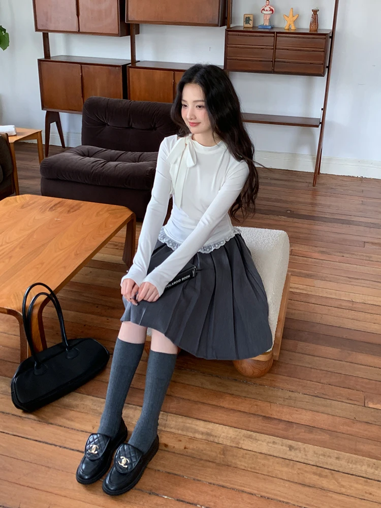 

ey Pleated Skirt High Waist A-Line Casual Sle Women's Spring New College Wind f-length Skirt Slimming Beautiful Dr