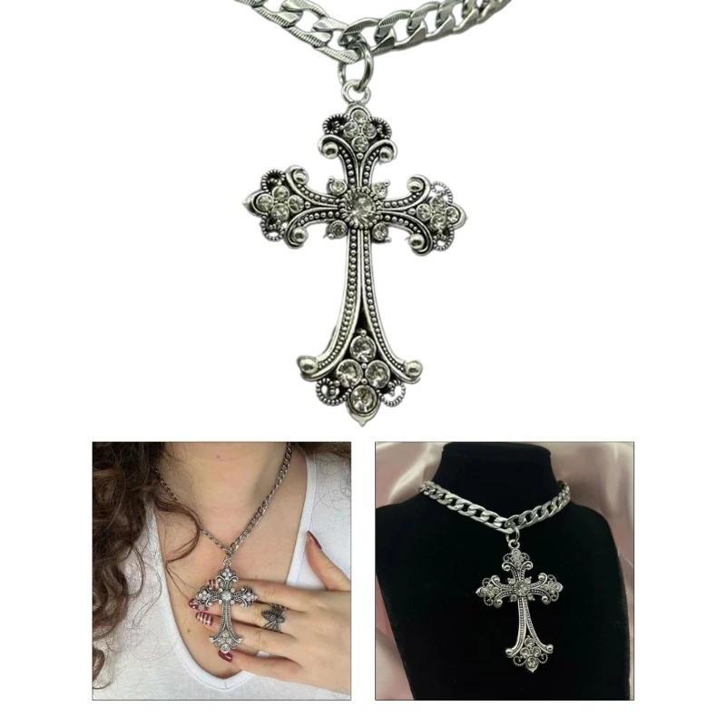 Vintage Baroque Christian Cross Necklace For Women Man Silver Color With Crystals Gothic Crucifix Symbol Unisex Jewelry