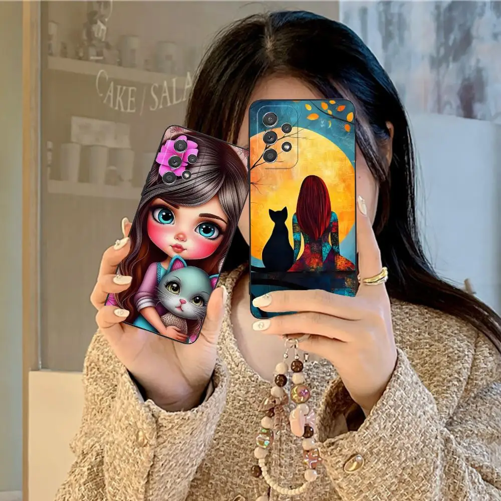 Funda de teléfono artística con diseño de gato y gatito para Samsung Galaxy M55 54 42 35 34 33 32 23 22 15 14 13 12 F55 5G, bonita funda protectora de Color