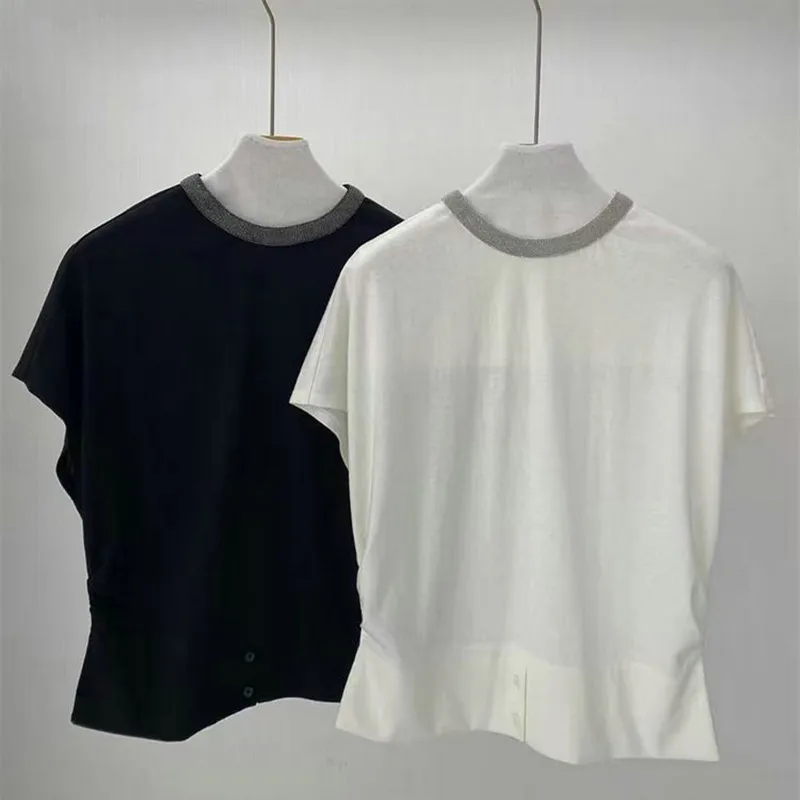 Women's Spring Summer New Cotton Blended Short Sleeve T-shirt Heavy duty Nail Bead Round Neck Hooded Top