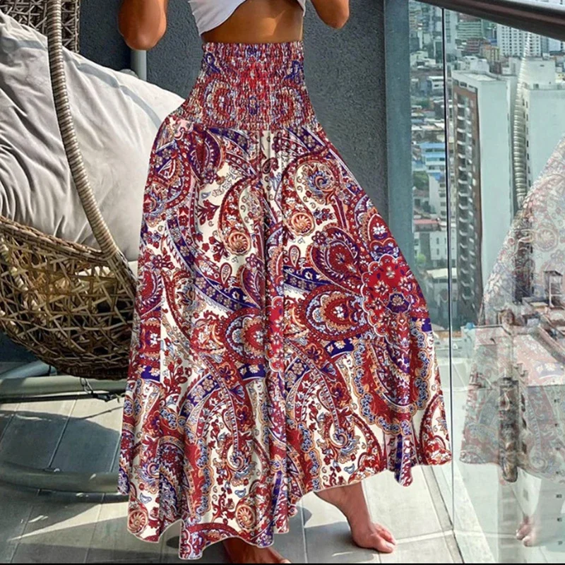 

2024 Vintage Floral Print Pleated Skirt Women Bohemian Loose Beach Skirts Casual High Street Elastic Elastic Waist Long Skirt