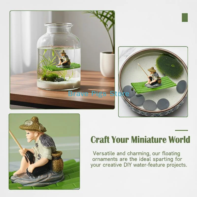 Bamboo Raft Floating Fishing Ornament Feeding Platform Statue Outdoor Garden Decoration For Miniature Landscape Decoration
