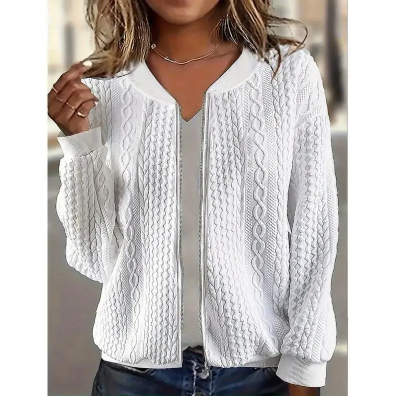 

New 2026 Women's White Elastic Polyester Zipper Baseball Jaet Slim Fit ort Length V-Ne Seven Sve Pure Color Design