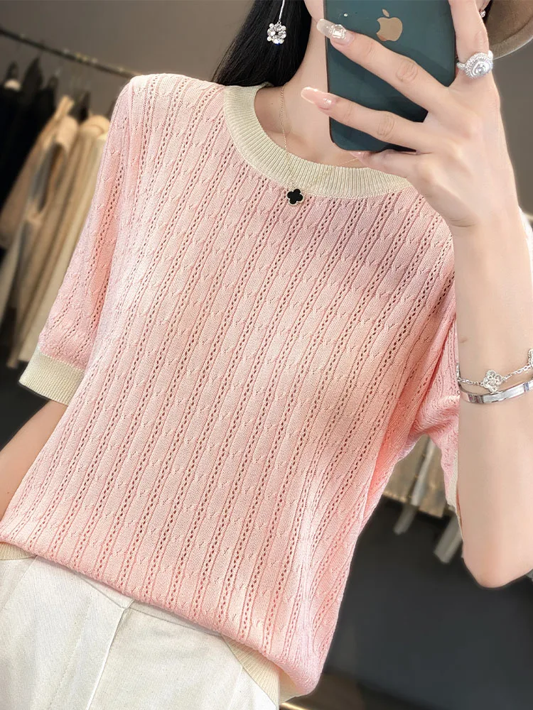 

Women Short Sleeve O-Neck Tees Summer Tops Knitted T-Shirt Fashion Twisted Flower T-Shirt Breathability Comfort Thin Style Tees