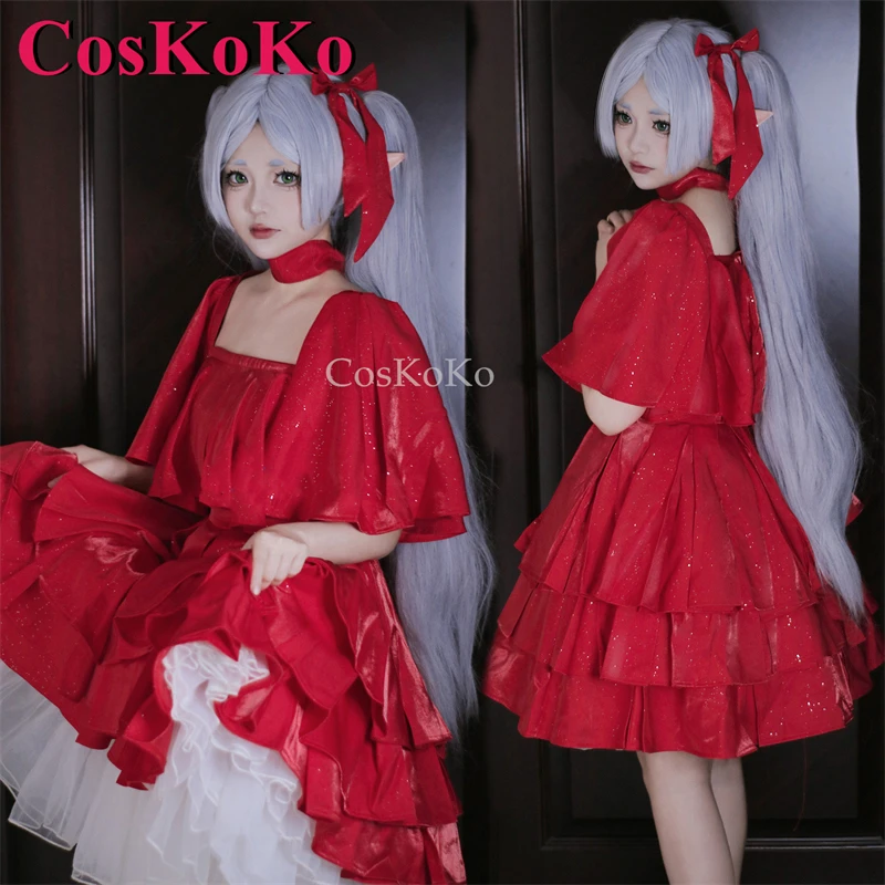 

CosKoKo Frieren Cosplay Anime Frieren: Beyond Journey's End Costume Sweet Red Formal Dress Halloween Party Role Play Clothing