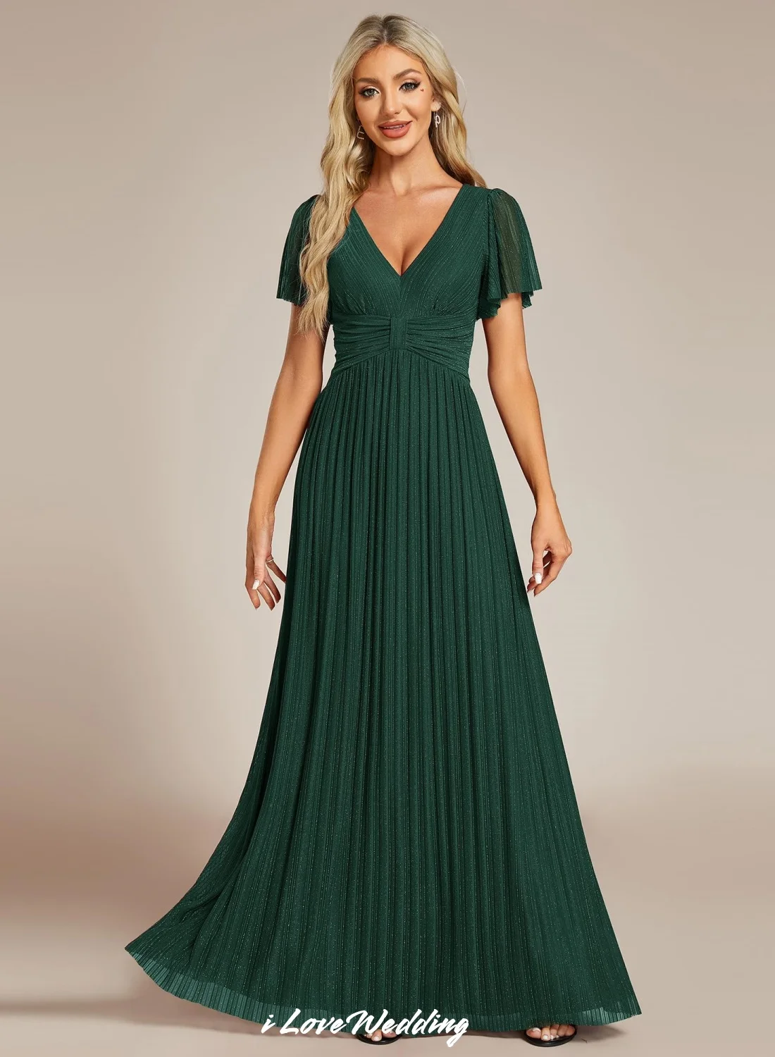 

Women Chiffon V-Neck Evening Dress Bowknit Waist Mesh Fabric 2025 Bridesmaid Dress Wedding Guest Dress Ruffle Sleeve Customized