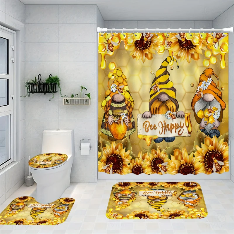 1/4pc Honey Gnomes Bees Shower Curtain Set, Sunflowers Bee Happy Shower Curtain with 12 Hooks, Non-Slip Bathroom Rug, Toilet U-S