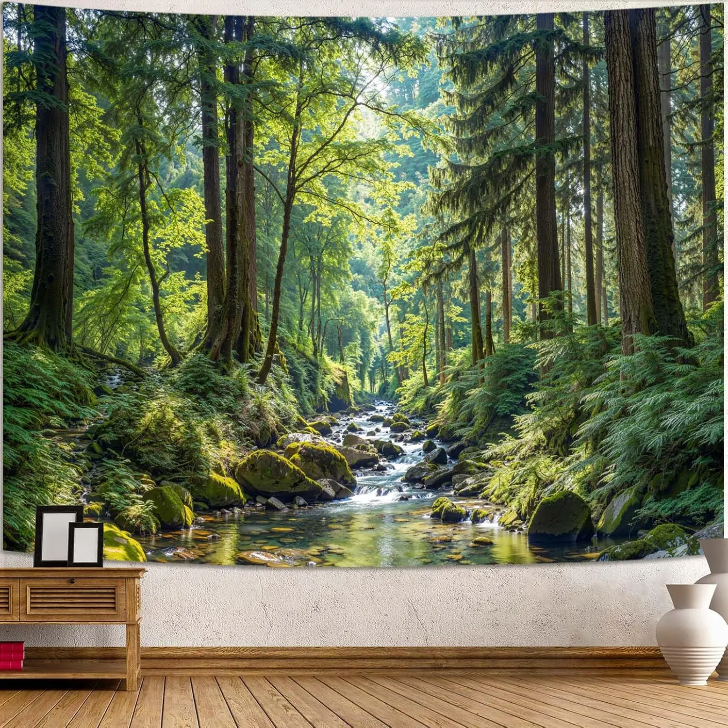 Heavenly Forest Stream Tapestry, Green Tree River Nature Print Large Wall Hanging for Bedroom Living Room Aesthetic Home Decor