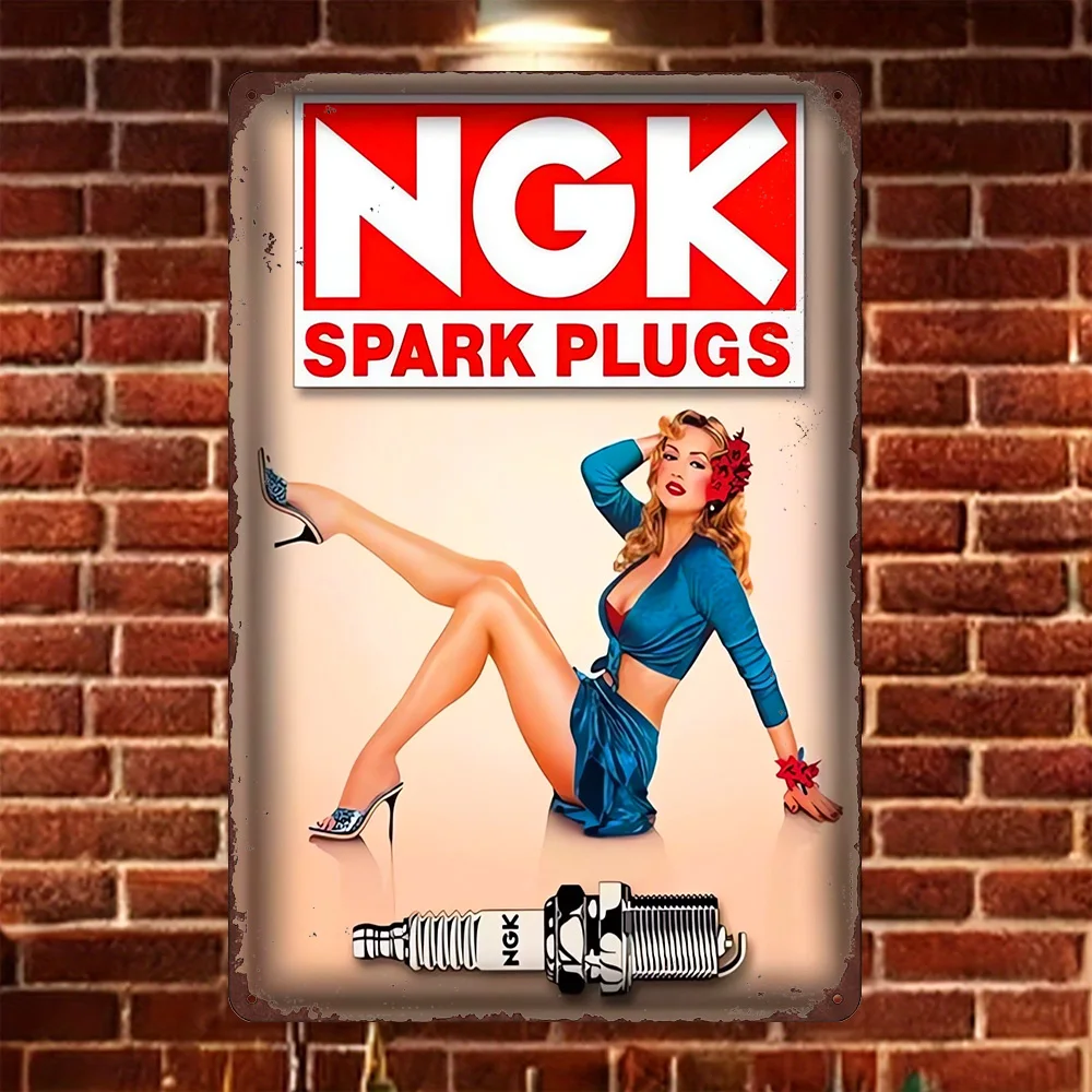 HD Metal Tin Sign NGK Spark Plugs Pin Up Girl Vintage Wall Decor for Garage Man Cave