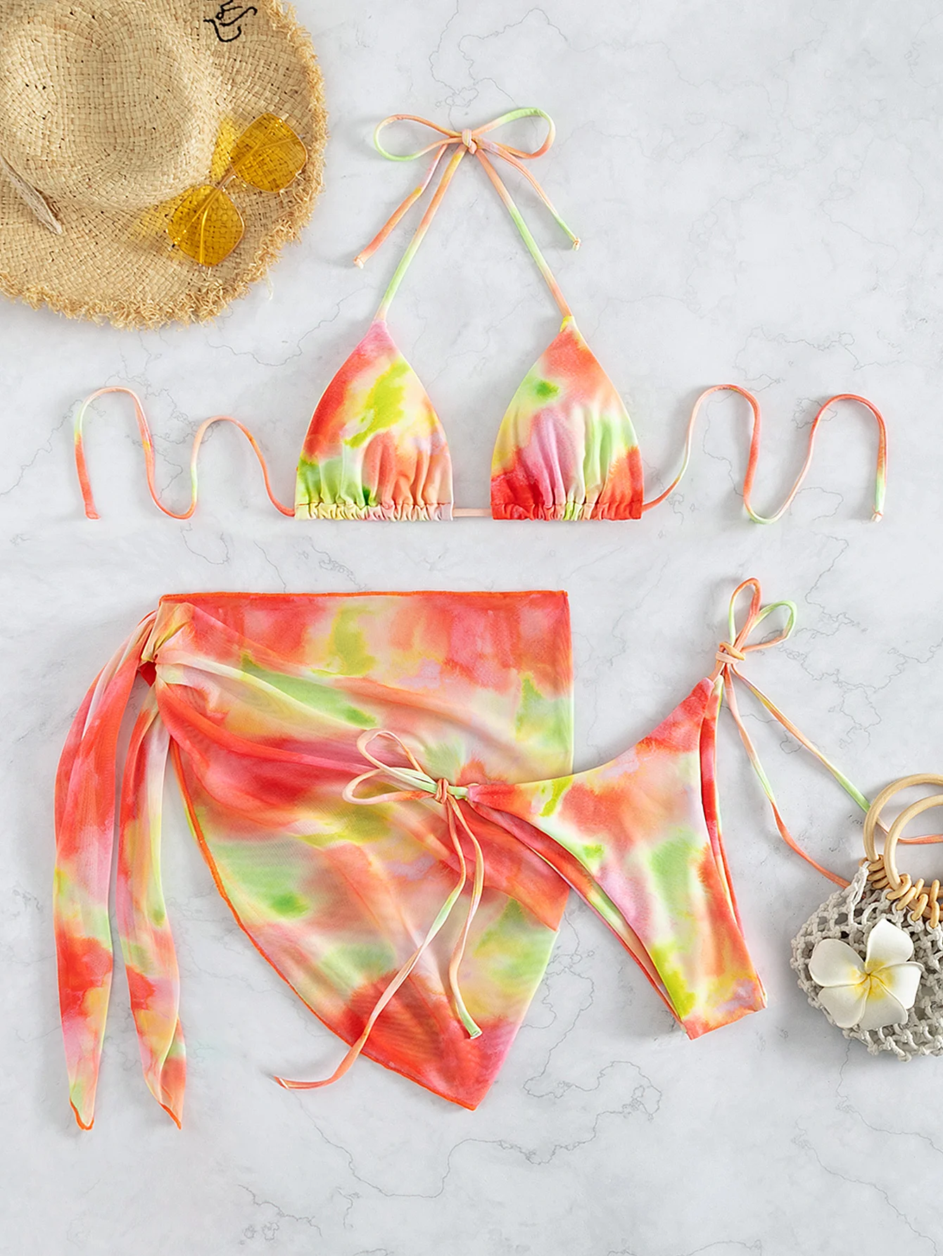 Badmode Designer Tie Dye Bikini 3 Stuks Badpak Met Sarong Bikini Vrouwen Drie Stuk Lage Taille Beachwear Outfits Bader Biquini