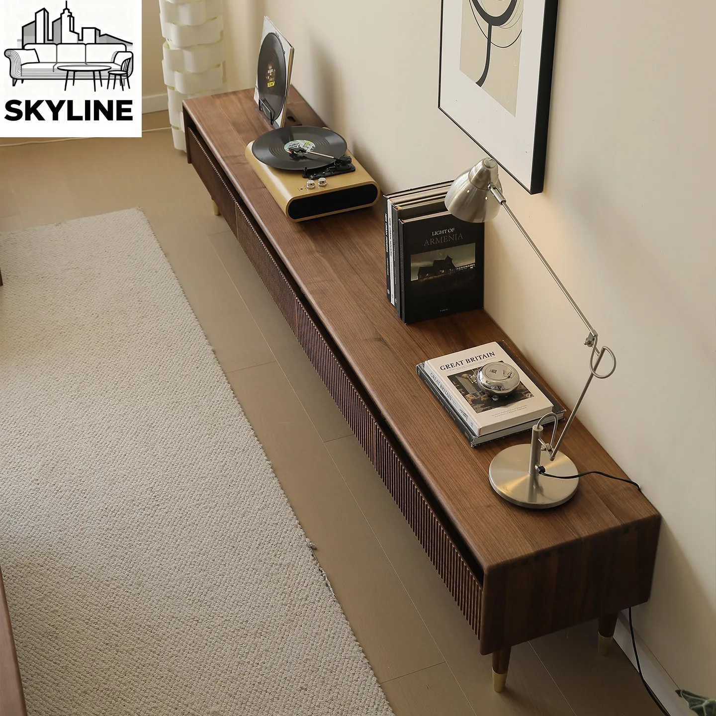 Black Walnut Tall TV Cabinet, Minimalist Media Console for Living Room Storage