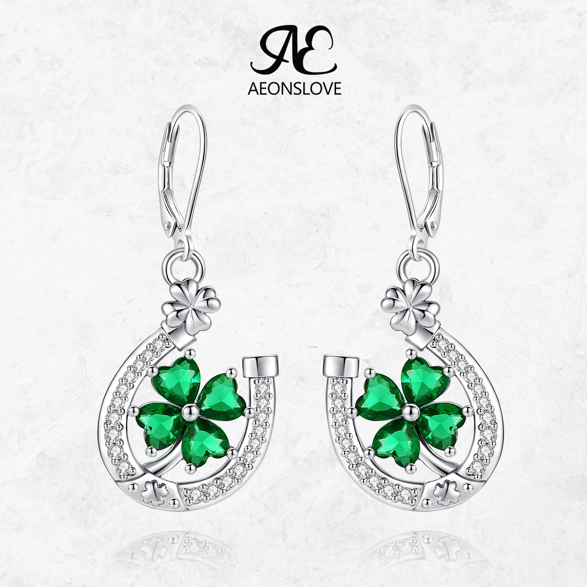 AEONSLOVE Lucky Horseshoe Shamrock Dangle Earrings for Women Green Heart CZ Clover Leverback Drop Earrings Wicca Jewelry Gift