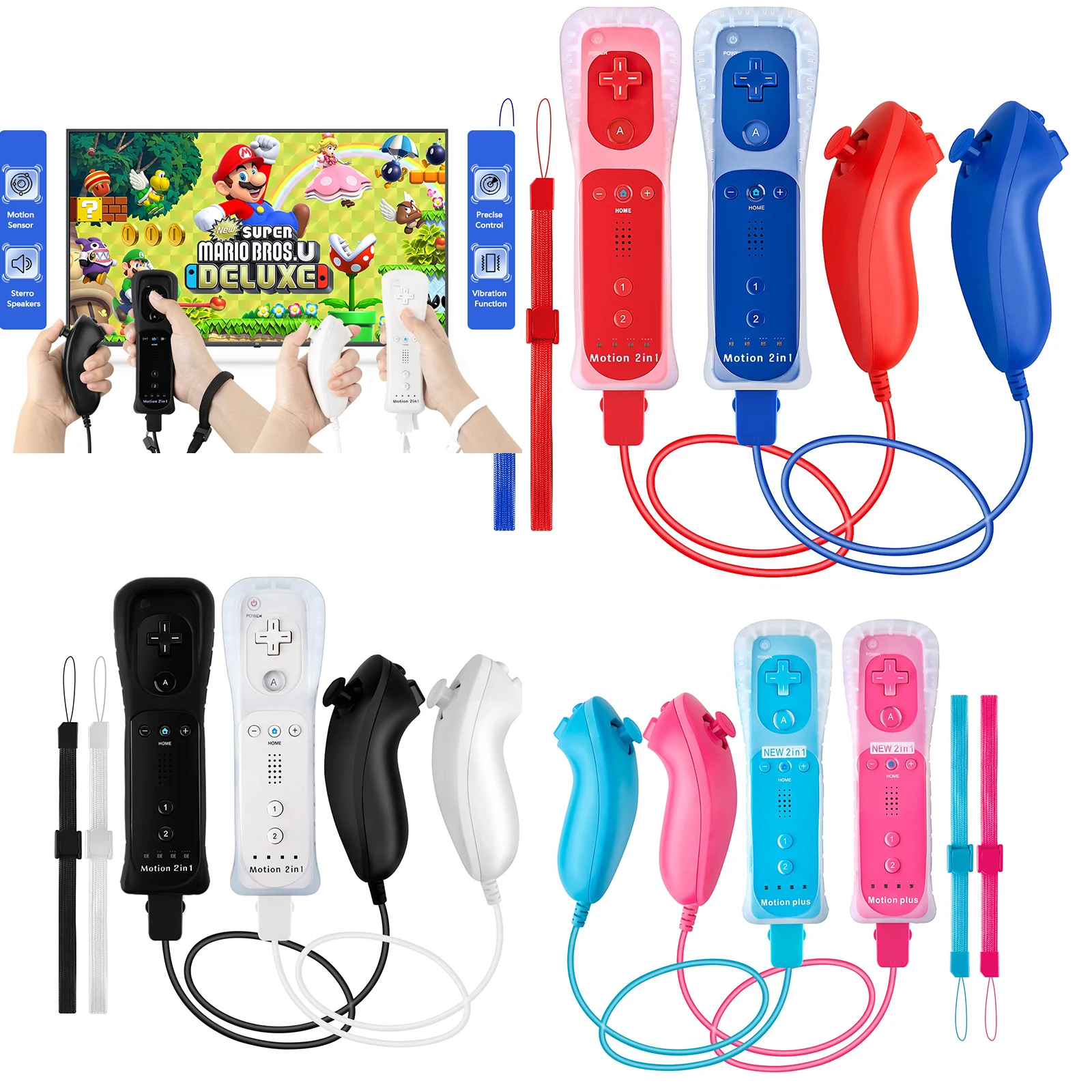 Motion Plus Wii Controllers，2 in 1 Motion Plus Wii Remote Controller & Nunchuck & Strap for Nintendo Wii & Wii U Console