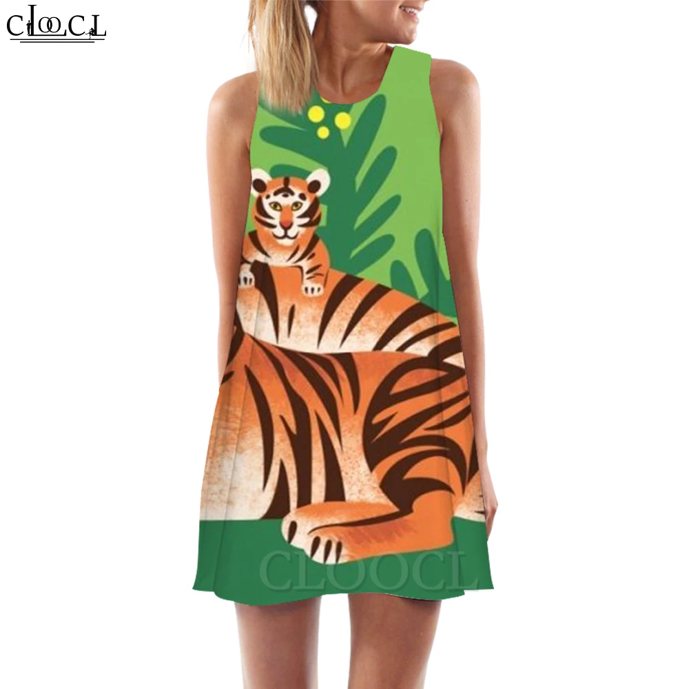 

CLOOCL Elegant Women Tank Dress Cute Little Tiger Printed Vest Dress Sexy Sleeveless Dress Vacation Beach Style Vestido Feminino