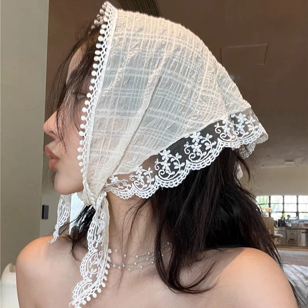 Flower Lace Triangle Scarf Hair Band White Fashion Bandana Turban Headband For Women Headwarp Hair Accessories