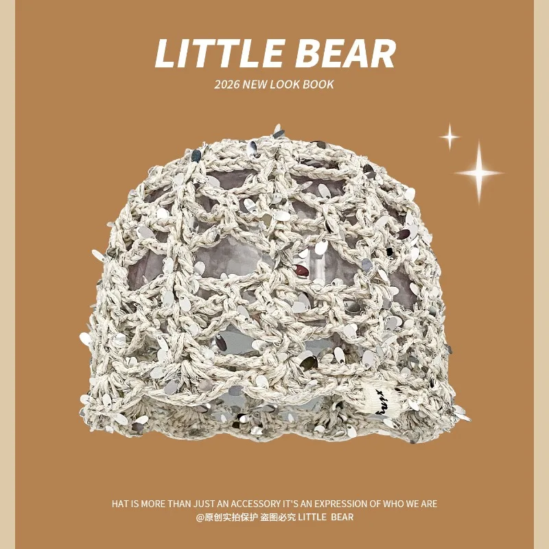 Korean Handmade Crocheted Hollow Sequined Pullover Hat for Women Summer and Autumn Dome Cold Hats Breathable Knitted Beanie Caps
