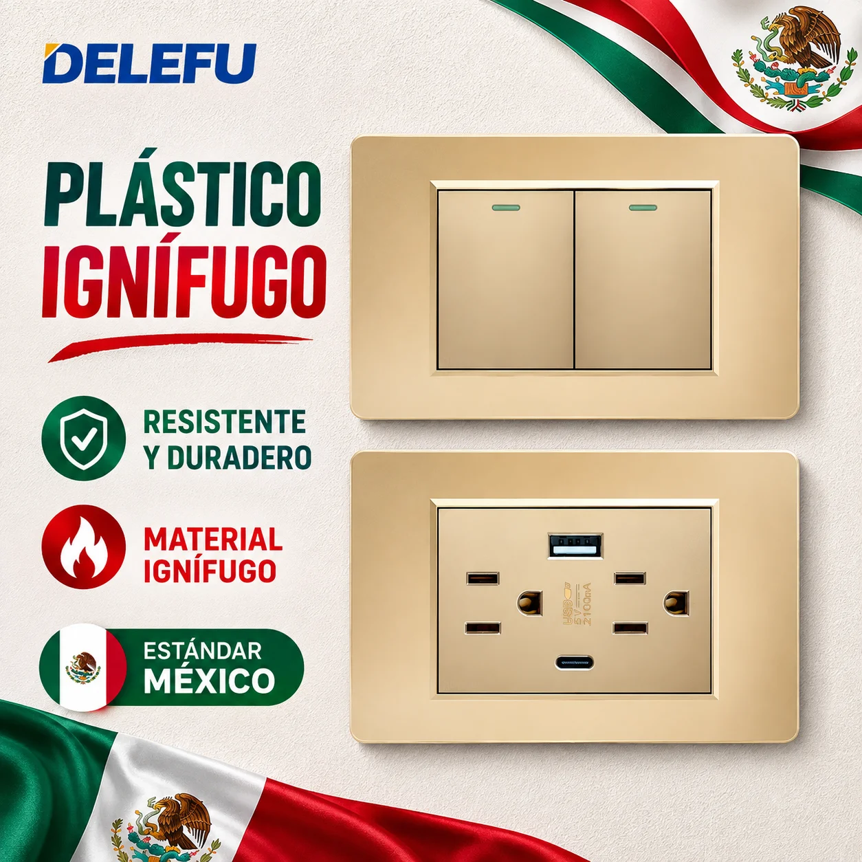 DELEFU Gold PC Electrical Wall Outlet Switch 118mm US Receptacle Type C USB Quick Charger Data Network Socket for Mexico