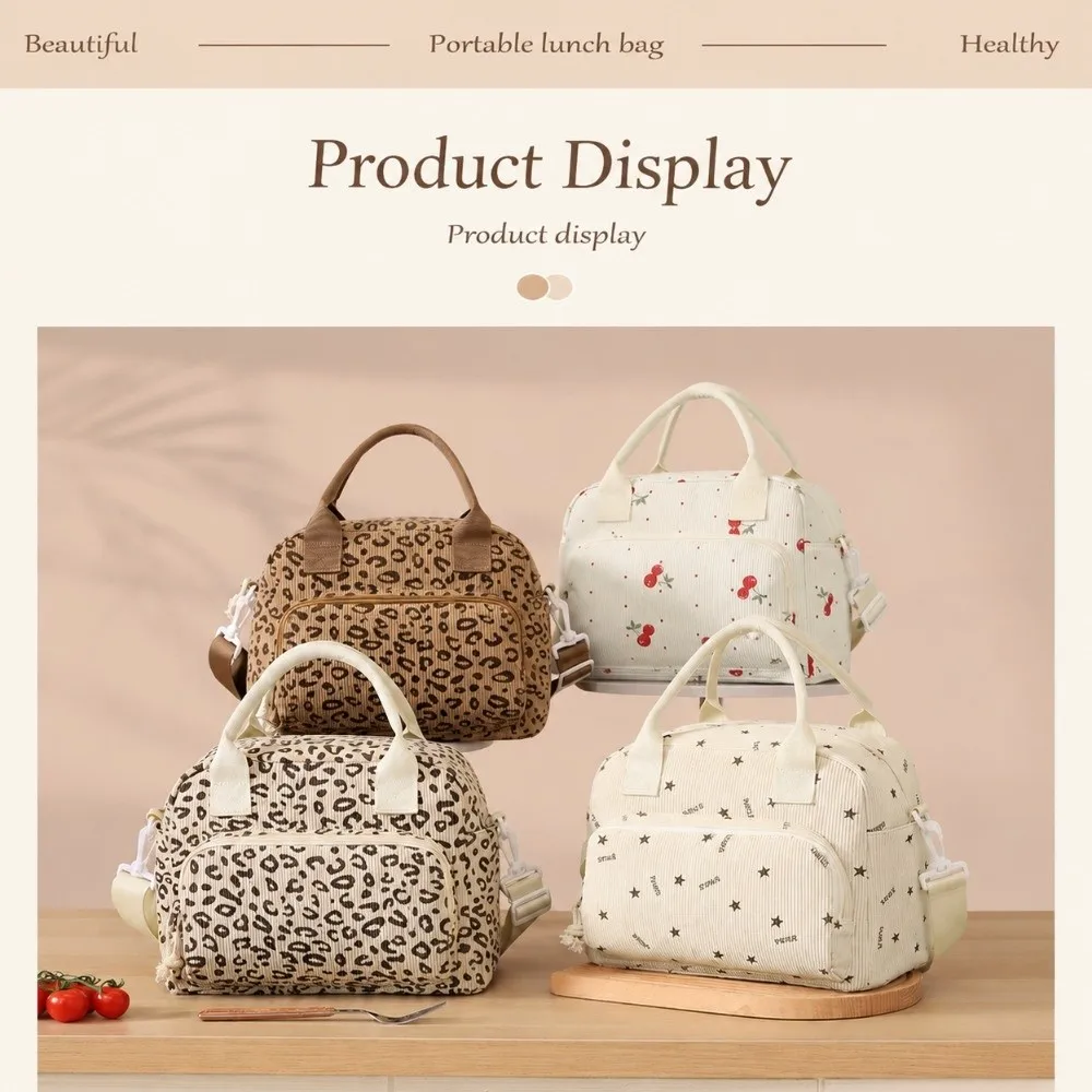 New Corduroy Lunch Bag Portable Thermal Insulation Storage Handbag Leopard Print Floral Lunch Box Outdoor Travel