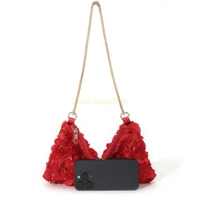 

X90D Elegant Sequined Satins Evening Bag for Women Rose Flower Crossbody Purse Wedding Banquets Clutch Handbag with Chain