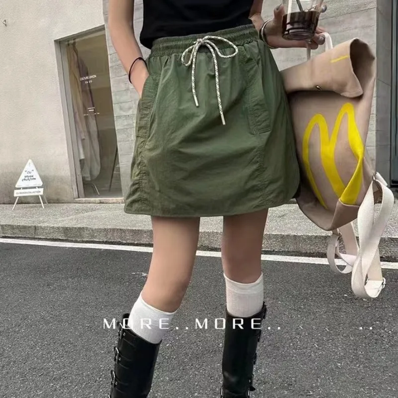 

American Workwear A-line Skirt Girl Casual Versatile Summer Elastic Waist Parachute Skirts Urban Relaxation Quick Drying Vintage