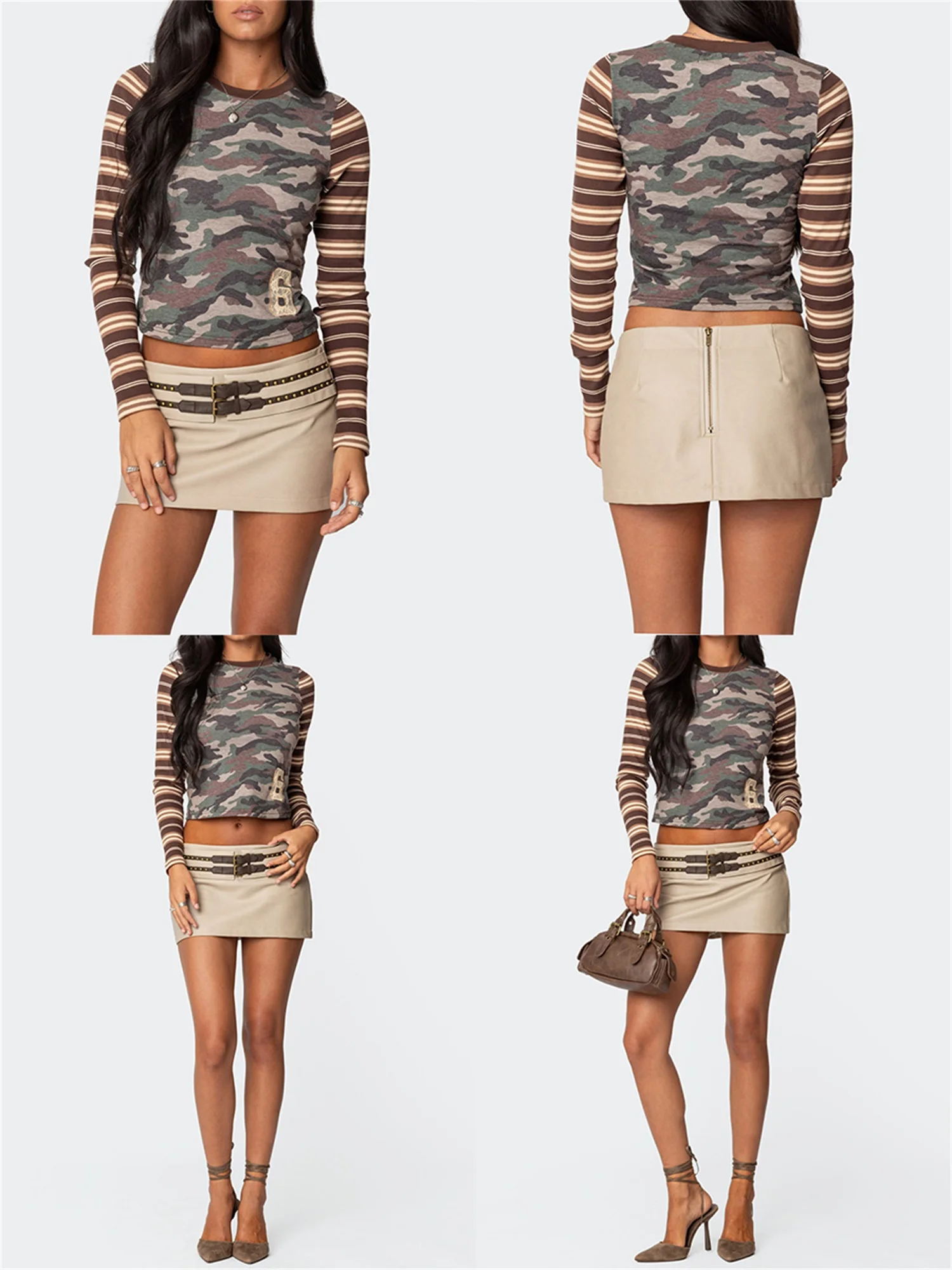 Women s Camouflage Print Crop Top with Striped Long Sleeves - Perfect for Clubbing Streetwear and Aesthetic Grunge Fashion