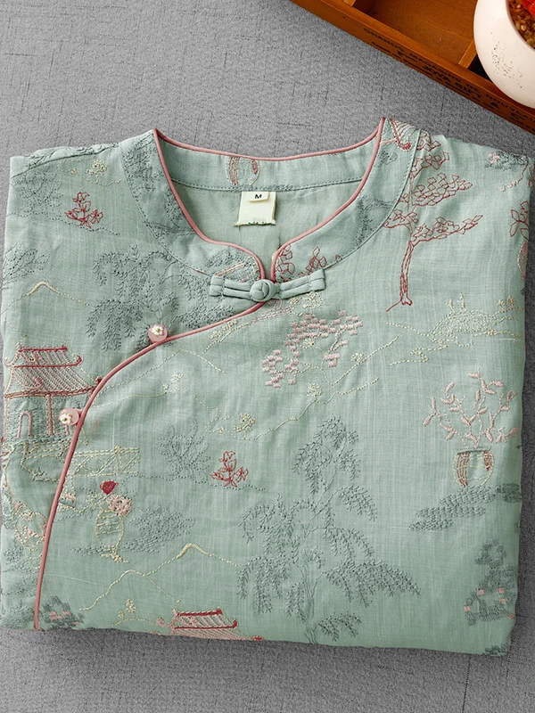 새로운 중국 스타일 여성 셔츠 우아한 무거운 자수 반팔 슬림핏 탑 패셔너블 전통 중국 패션