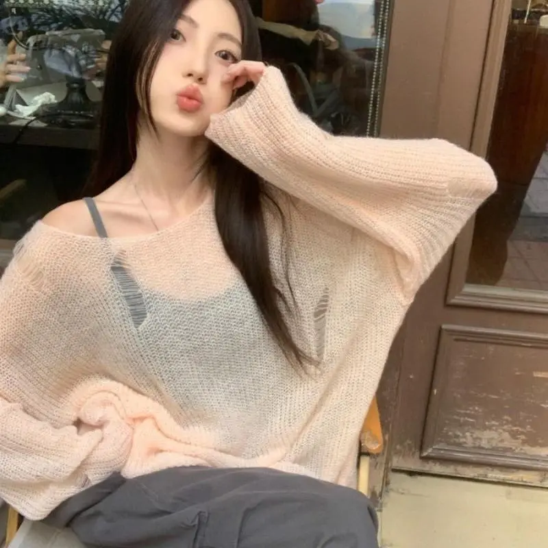 여성용 부드럽고 아늑한 니트 스웨터 봄 여름 어깨 노출 시크 커버업 홀 펀칭 자외선 차단 탑