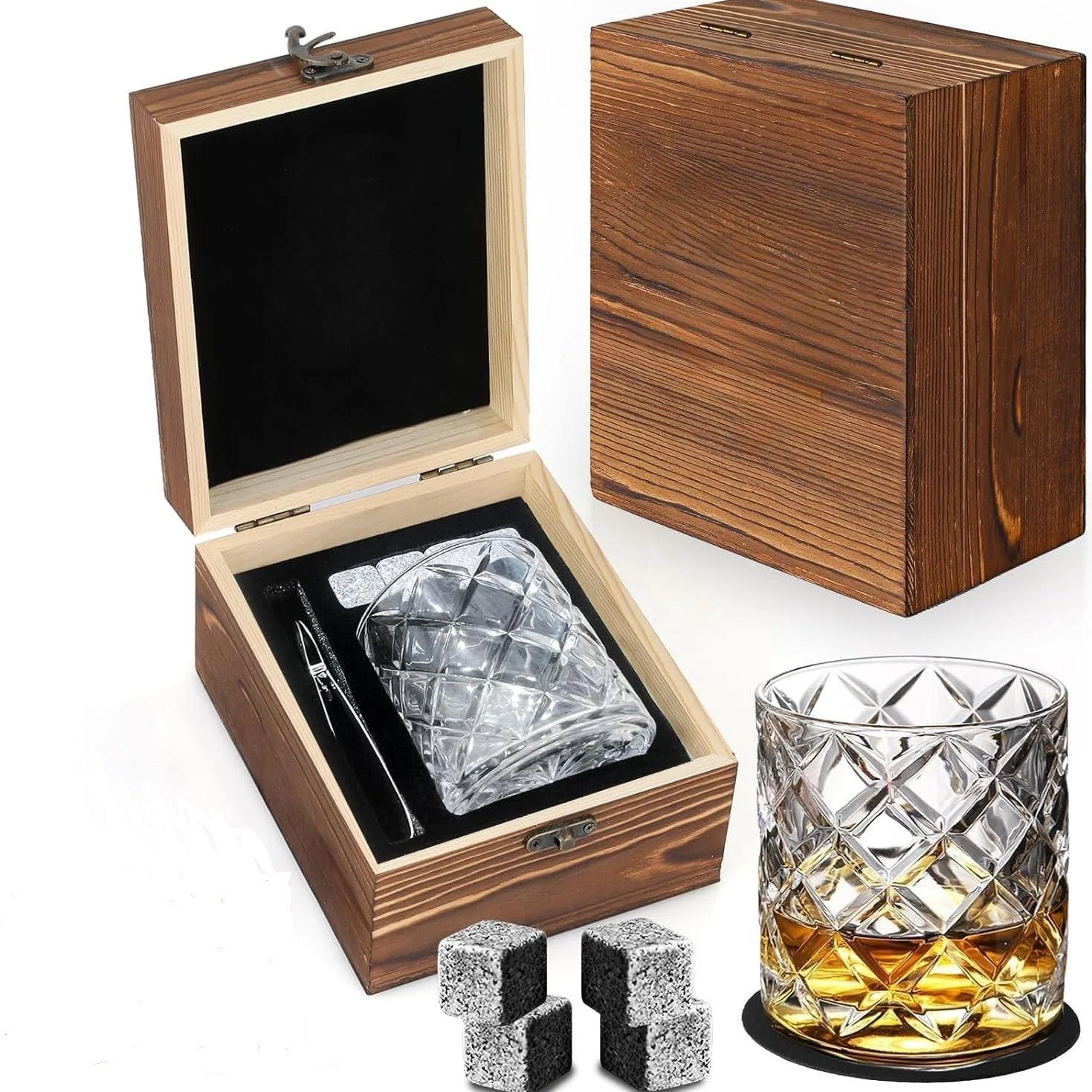 

Whiskey Glass Set Ice Cube Stones with Luxury Wooden Box