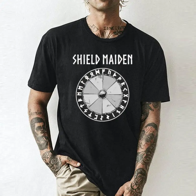 Womens Viking Shield Maiden Runes    Unisex summer T-shirt Cotton fashion couple clothes