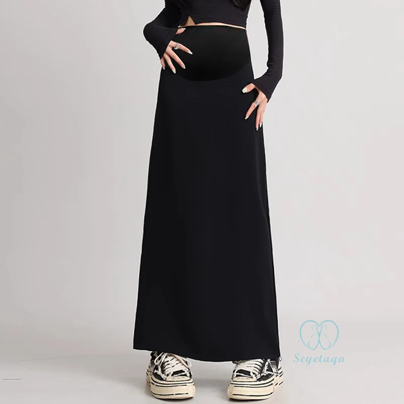 Back Splits Black Maternity Full Maxi Long Skirts 2024 Spring Casual Pencil Bottoms for Pregnant Women Elastic Waist Pregnancy